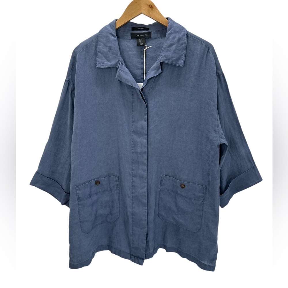 Tahari Blue Linen Relaxed Collared Pocket Shirt Jacket Lagenlook Coastal Minimal